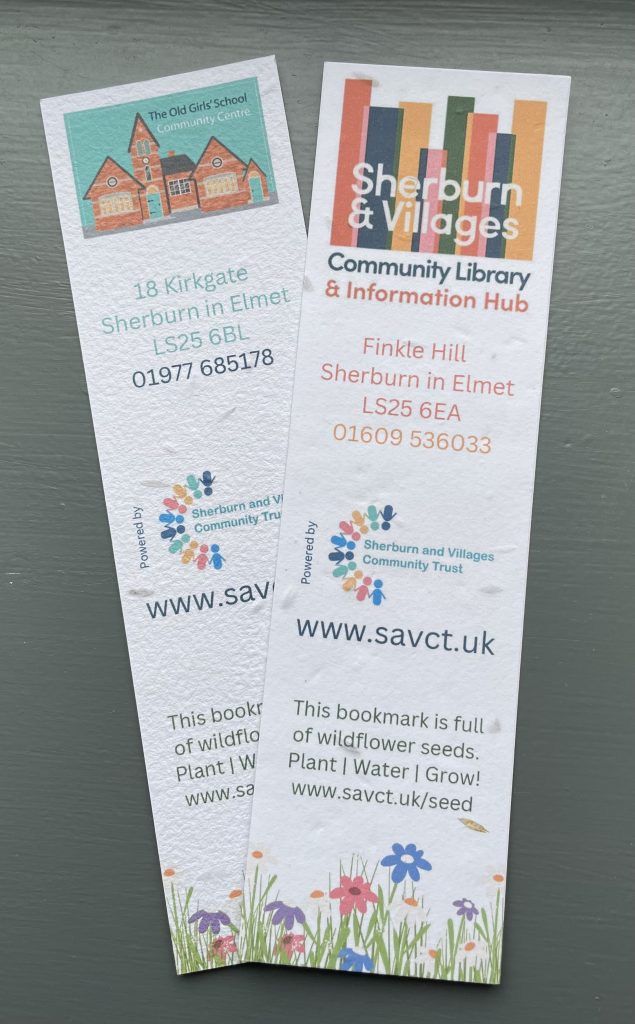 Wildflower seeded bookmarks. The Old Girls' School Community Centre logo is on one side and Sherburn library logo the other.