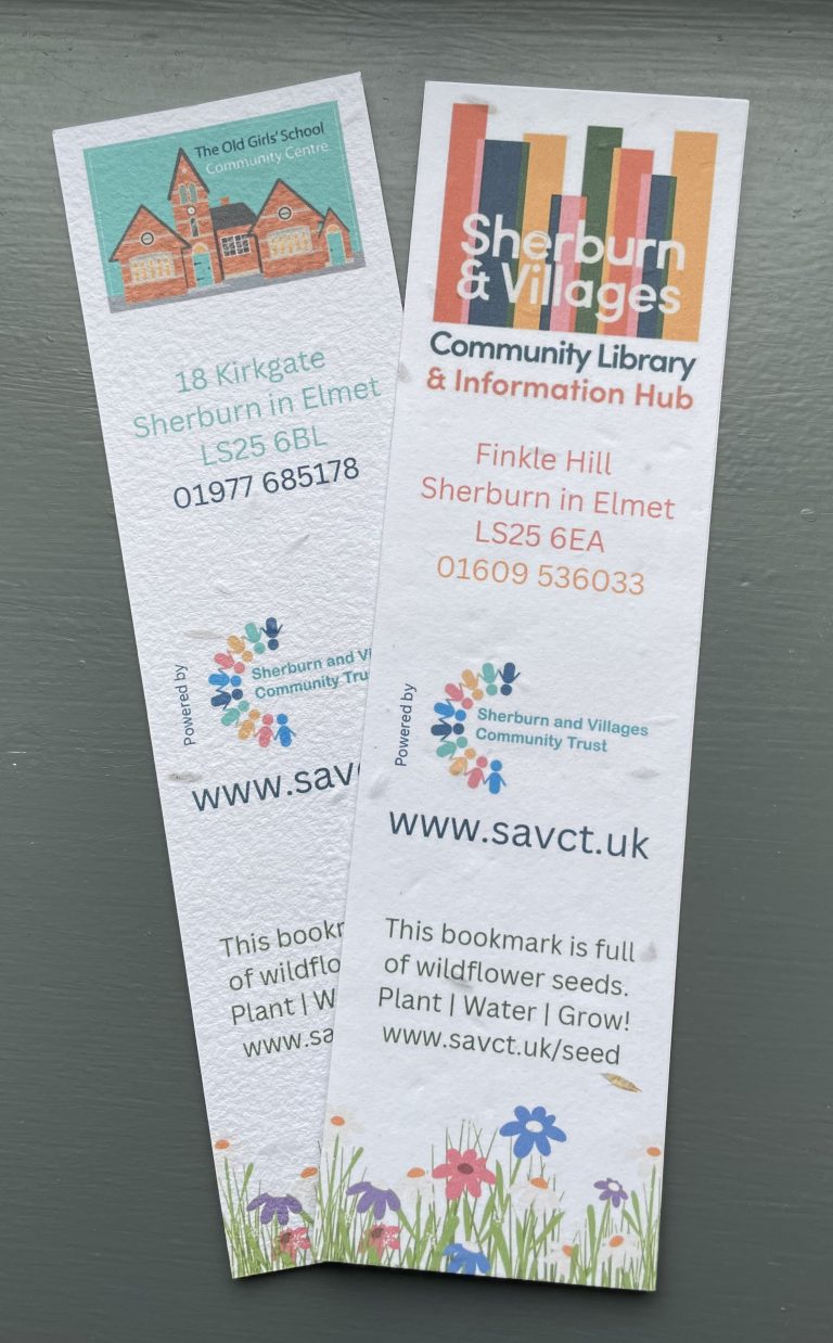 Wildflower seeded bookmarks. The Old Girls' School Community Centre logo is on one side and Sherburn library logo the other.